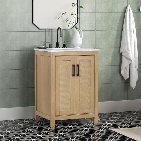 Collinsville 24 in. W x 21 in. D x 35 in. H Single Sink Freestanding Bath Vanity in Natural Oak with Carrara Marble Top