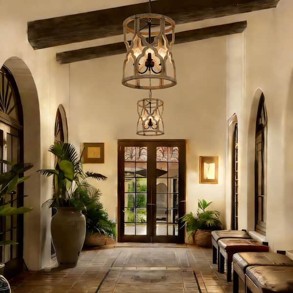 Grain Farmhouse 3-Light Rust Bronze Drum Cage Chandelier Rustic Distressed Wood Openwork Candlestick Pendant Light