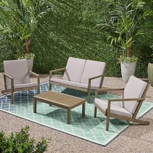 Leah Grey 4-Piece Wood Outdoor Patio Conversation Seating Set with Grey Cushions