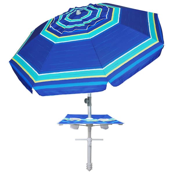 Angel Sar 7 ft. Heavy Duty High Wind Beach Umbrella with Sand Anchor and Built-in Table Tray for Patio Garden Pool, Blue Stripe