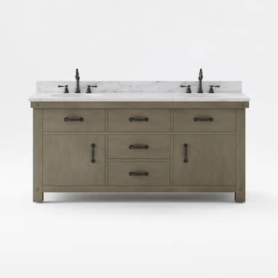 Aberdeen 72 in. W x 34 in. H Vanity in Gray with Marble Vanity Top in Carrara White with White Basins and Faucets