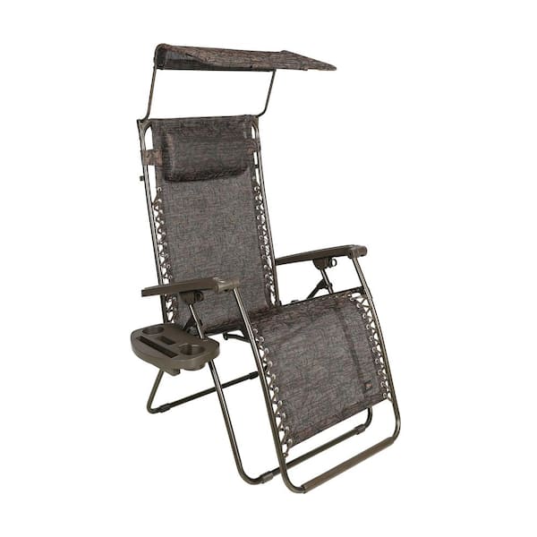 BLISS HAMMOCKS 26 in. W Metal Outdoor Zero Gravity Recliner with Adjustable Canopy, Drink Tray and Brown Jacquard Cushion Pillow