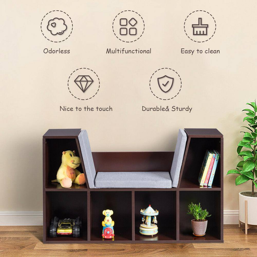 Brown 6-Cubby Kid Storage Bookcase with Cushioned Reading Nook