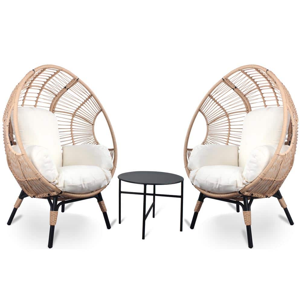 3-Piece Wicker Patio Conversation Set, Patio Egg Chairs with Side Table Set