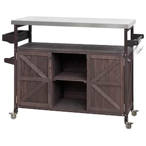 Brown Metal 50 in. Kitchen Island with Stainless Steel Top, Bar Cart & Storage Cabinet, Farmhouse Solid Wood Grill Table