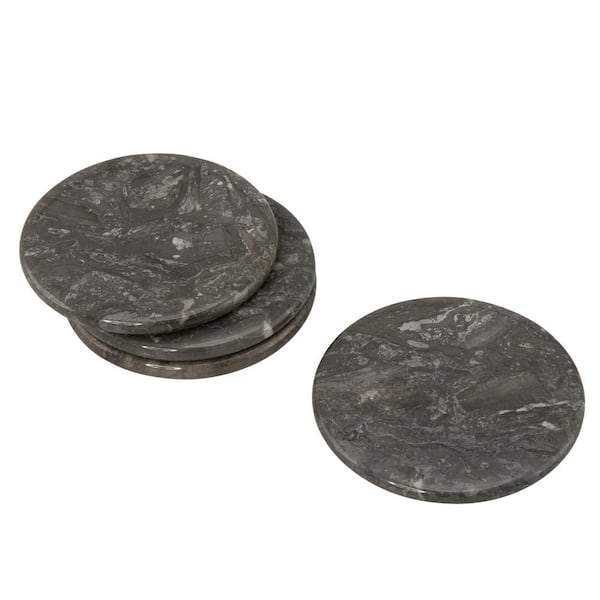 Creative Home Natural Charcoal Marble Set of 4-Pieces Round Coaster, 4 in. Dia. for Fine Dining Dinner Table Service