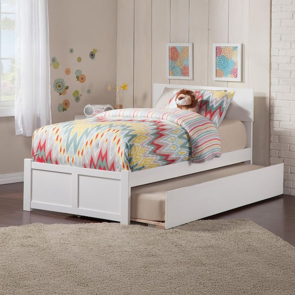 Orlando White Twin Platform Bed with Flat Panel Foot Board and Twin Size Urban Trundle Bed
