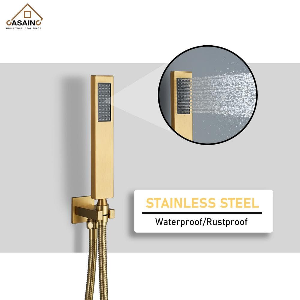Brushed Gold Thermostatic Wall Mounted Rainfall Shower System with Body Jets