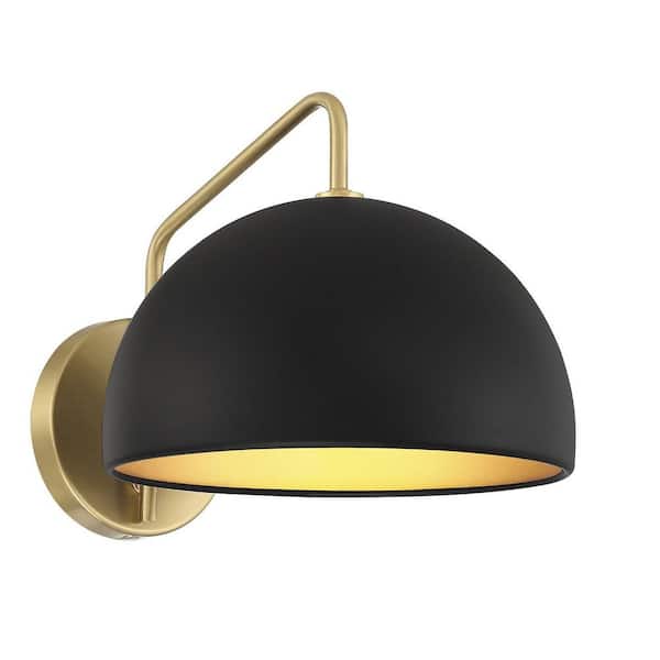 TUXEDO PARK LIGHTING 10 in. W x 8.5 in. H 1-Light Matte Black with Natural Brass Accents Wall Sconce with Metal Dome Shade