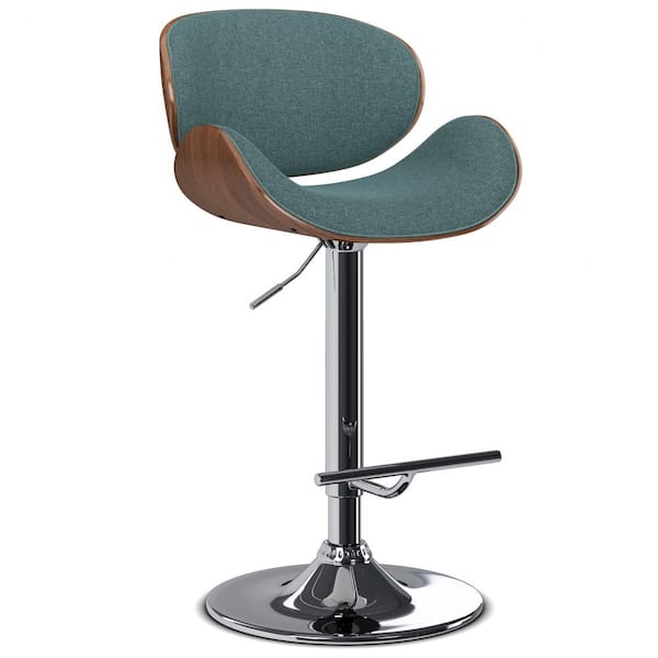 Marana Mid Century Modern 33 in. Bentwood Adjustable Swivel Bar Stool in Light Turquoise Blue Polyester linen fabric