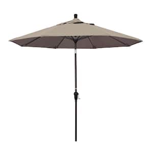 9 ft. Bronze Aluminum Pole Market Aluminum Ribs Auto Tilt Crank Lift Patio Umbrella in Taupe Sunbrella