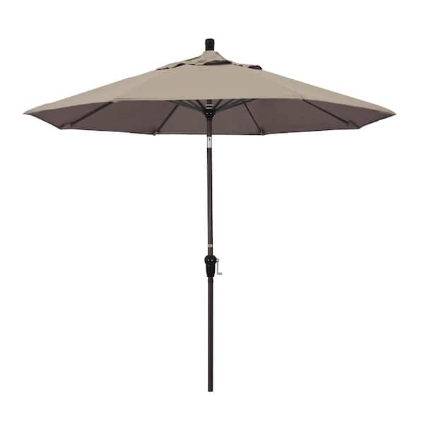 California Umbrella 9 ft. Bronze Aluminum Pole Market Aluminum Ribs Auto Tilt Crank Lift Patio Umbrella in Taupe Sunbrella