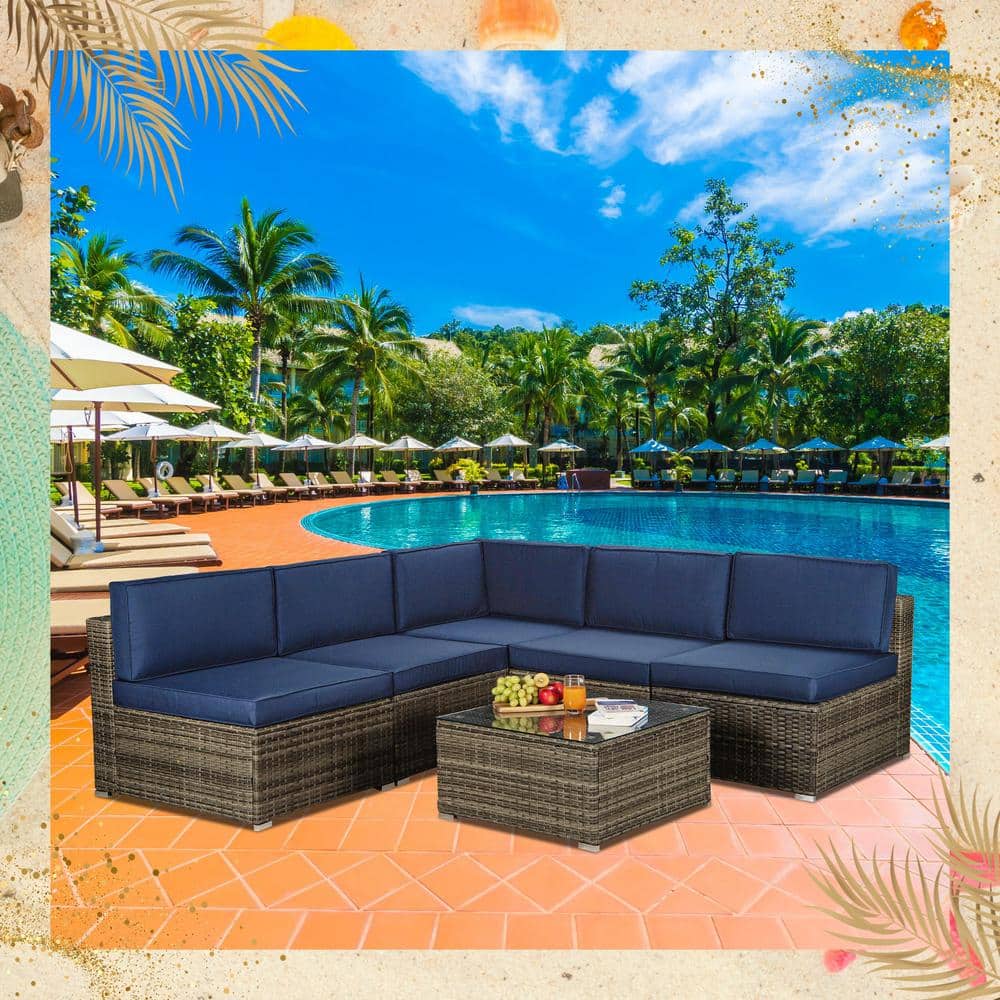 AUTMOON Outdoor Garden Patio Furniture 6Piece Dark Gray PE Rattan