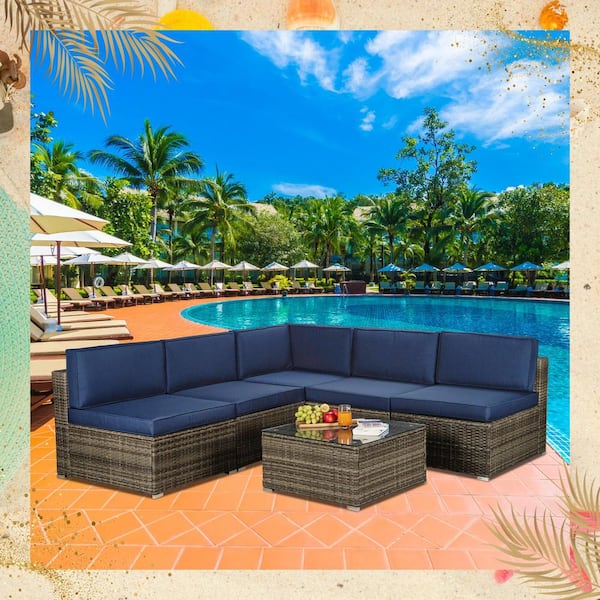 AUTMOON Outdoor Garden Patio Furniture 6Piece Dark Gray PE Rattan