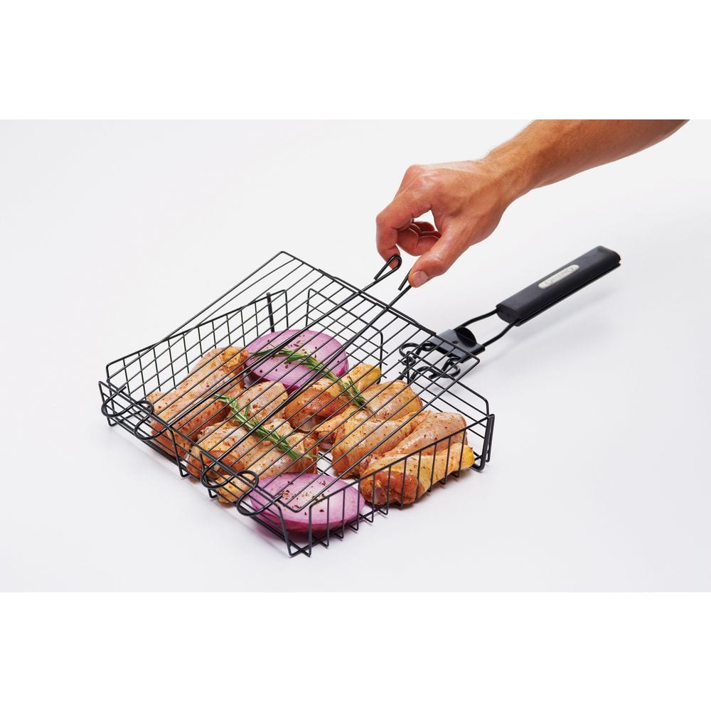 Non-Stick Black Steel Broiler Basket with Detachable Handle