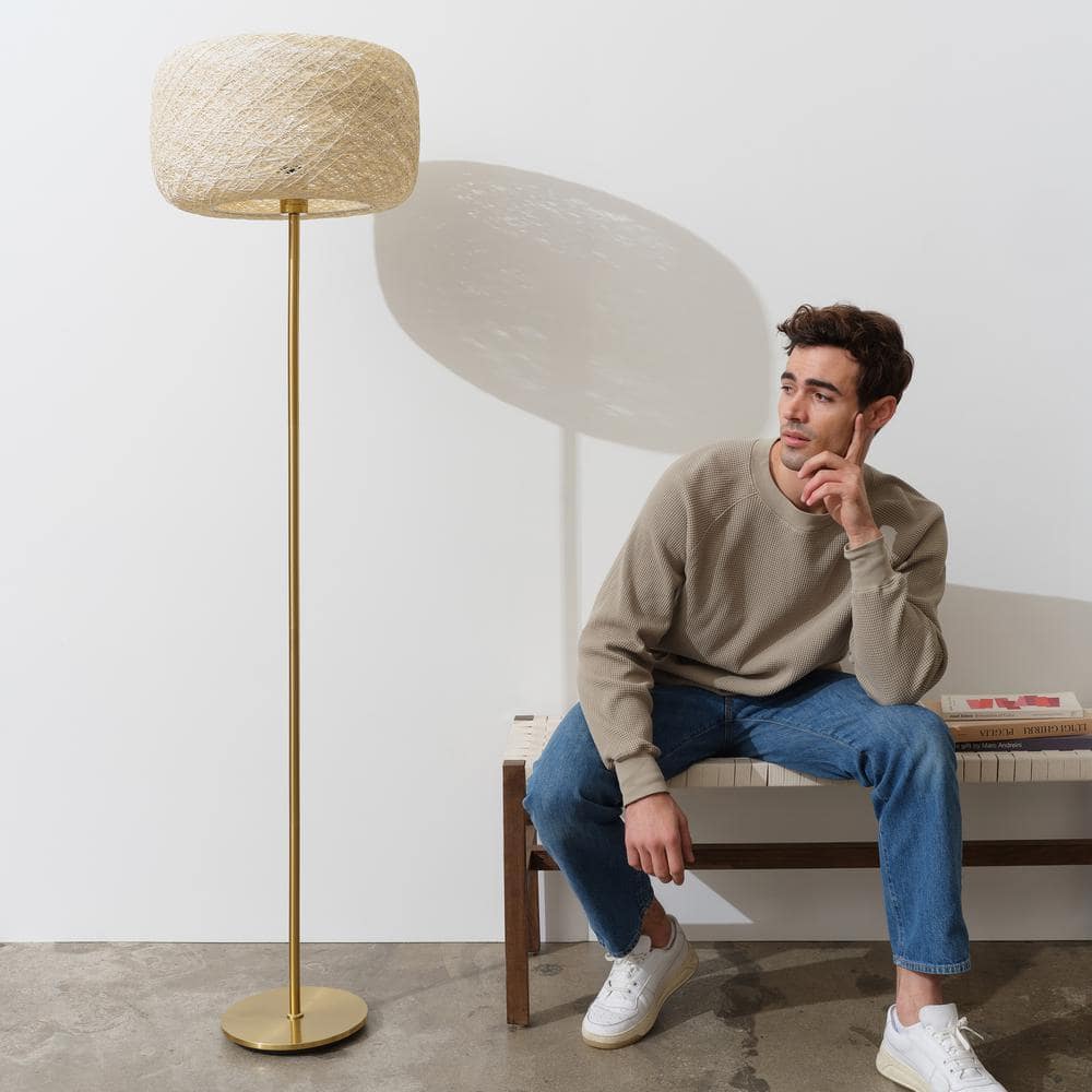 Elegant Gold LED Floor Lamp with Woven Shade