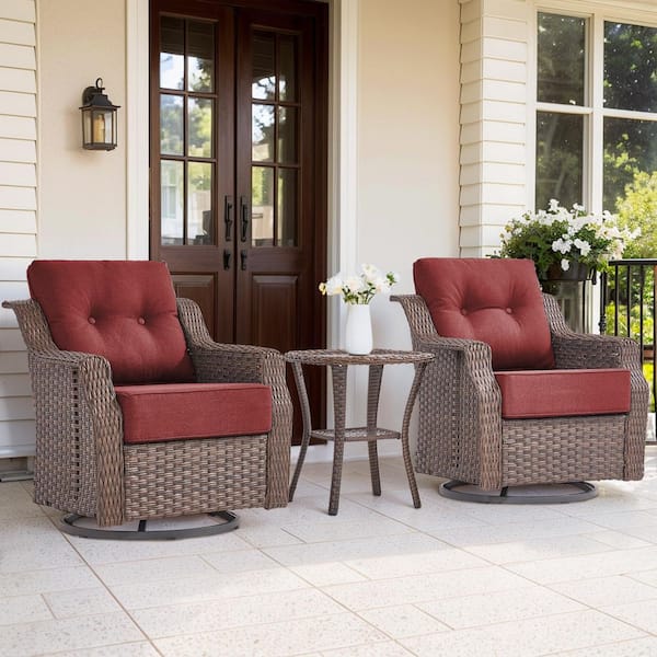 Modern Farmhouse 3-Piece Brown PE Wicker Patio Conversation Set with 6 in. Olefin Red Cushions/Wide Armrest