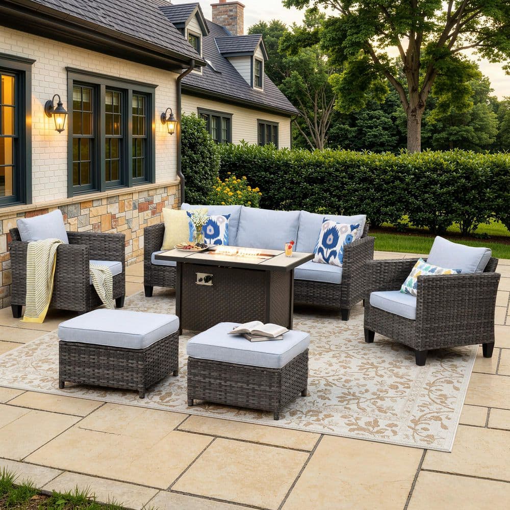 Building Pit Set OVIOS New Vultros Gray 6-Piece Wicker Patio Rectangle Fire Pit ...