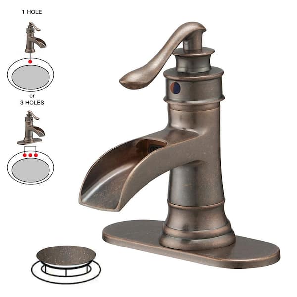 BWE Waterfall Single Hole Single-Handle Low-Arc Bathroom Faucet With Pop-up Drain Assembly in Copper