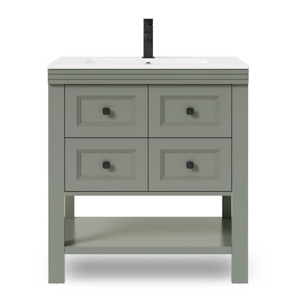 30 in. W x 17.7 in. D x 34 in. H 1-Sink Freestanding Bath Vanity in Green with White Ceramic Top and Drain Faucet Set