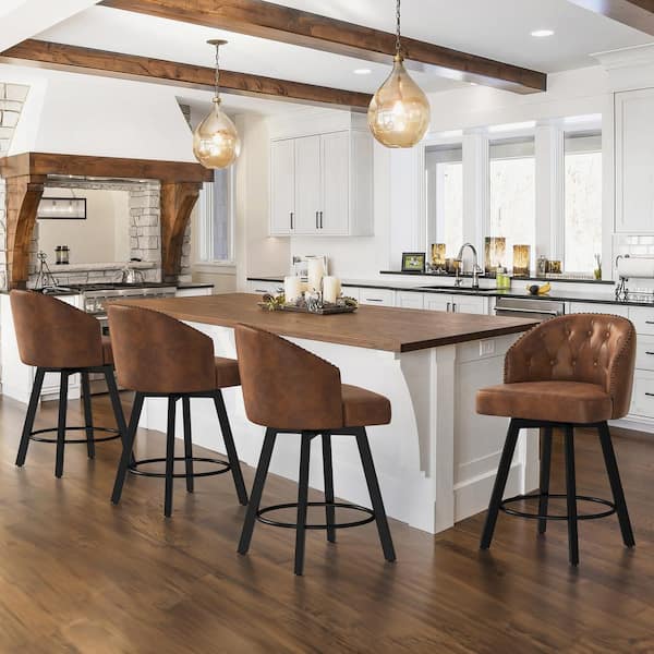 LUE BONA Arturo 26 in.Brown Faux Leather Upholstered Swivel Bar Stool with Metal Frame Nailhead Counter Barstool Set of 4