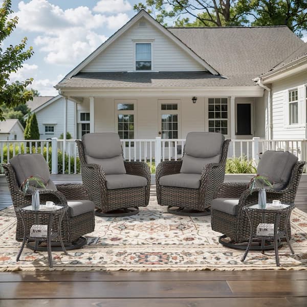 Crescent 6-Piece Brown Wicker Outdoor Swivel Rocker Patio Chairs Patio Conversation Set with Gray Cushions