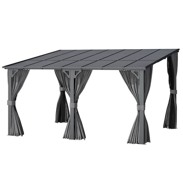 14 ft. x 12 ft. Outdoor Hard Top Gazebo for Patio, Large Wall-Mounted Lean to Pergola with Curtains and Netting