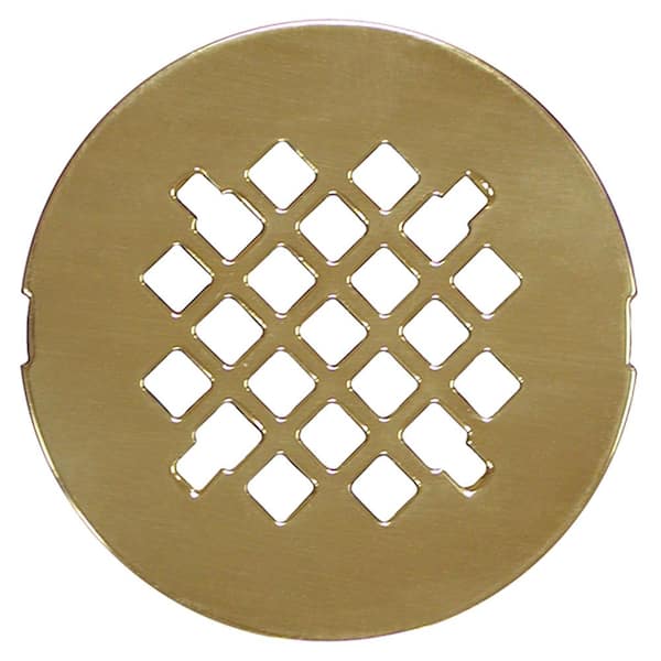 JONES STEPHENS 4-1/4 in. Round Replacement Snap-In Strainer in Polished Brass for No Caulk Fiberglass Shower Stall Drains