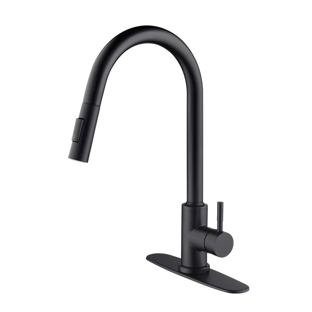 Tahanbath Single Handle Wall Mount Gooseneck Pull Down Sprayer Kitchen  Faucet with Deckplate Included and Handles in Matte Black W928-TH9001MB-ZQ  - 