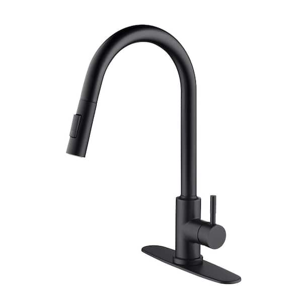Single Handle Wall Mount Gooseneck Pull Down Sprayer Kitchen Faucet with Deckplate Included and Handles in Matte Black