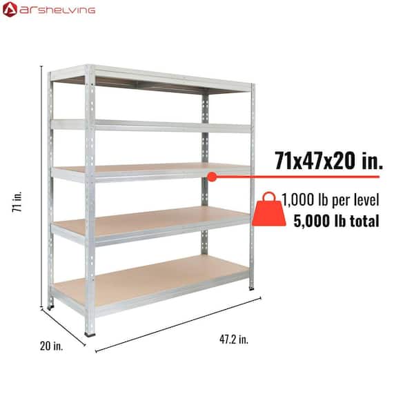 5-Tier Heavy-Duty Galvanized Steel Garage Storage Shelving Unit in Silver, HDF Racks (47.2 in. W x 71 in. H x 20 in. D)
