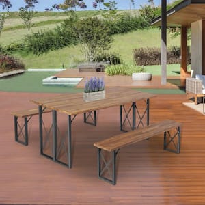 3-Piece Wood Patio Outdoor Dining Table Set with 2 Inch Umbrella Hole