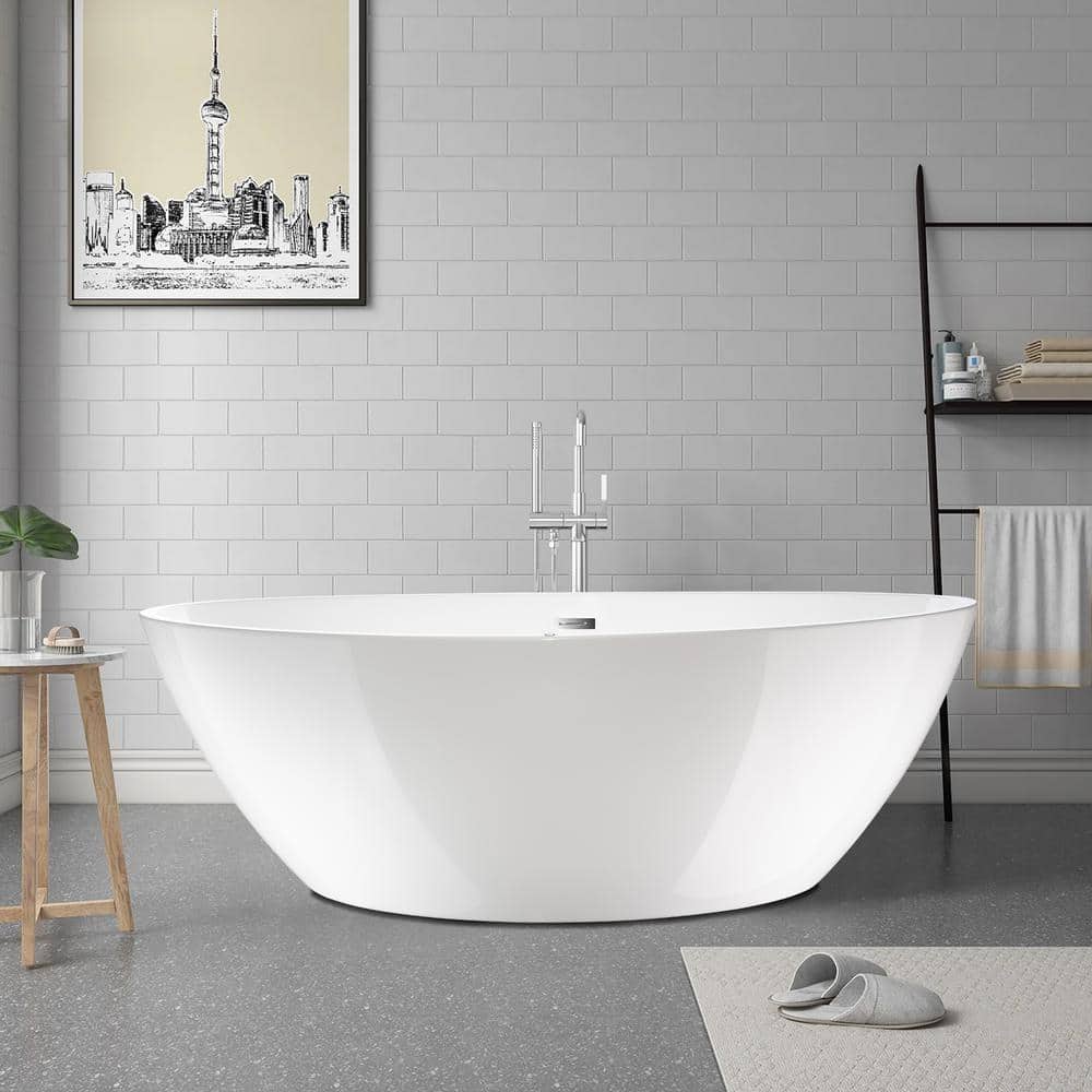 69 in. L X 40 in. W White Acrylic Freestanding Air Bubble Bathtub in White/