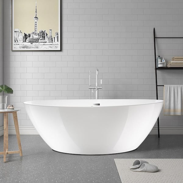  69 in. L X 40 in. W White Acrylic Freestanding Air Bubble Bathtub in White/Polished Chrome