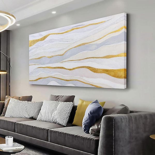 Abstract Wall Art White and Gold Wave Lines Canvas Print Artwork