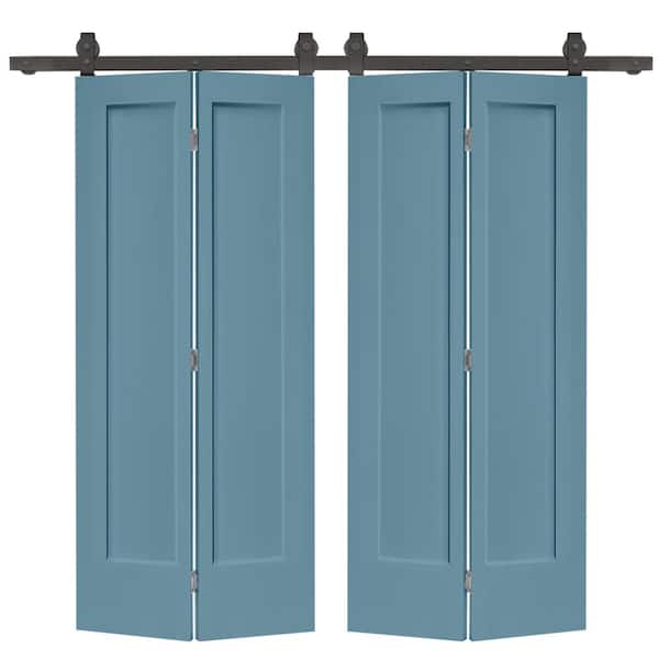 CALHOME 48 in. x 80 in. 1 Panel Shaker Dignity Blue Painted MDF Composite Double Bi-Fold Barn Door with Sliding Hardware Kit