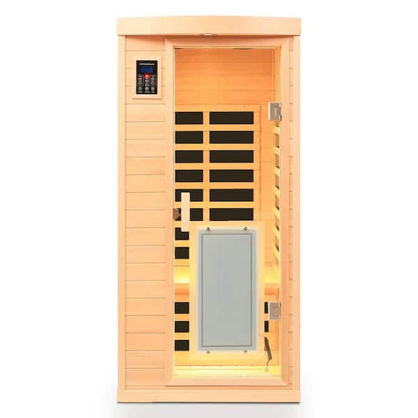 1-Person Low EMF Hemlock Far Infrared Sauna with 6 Heating Panels, Front Door Heater, Bluetooth, LED & Ambient Lighting