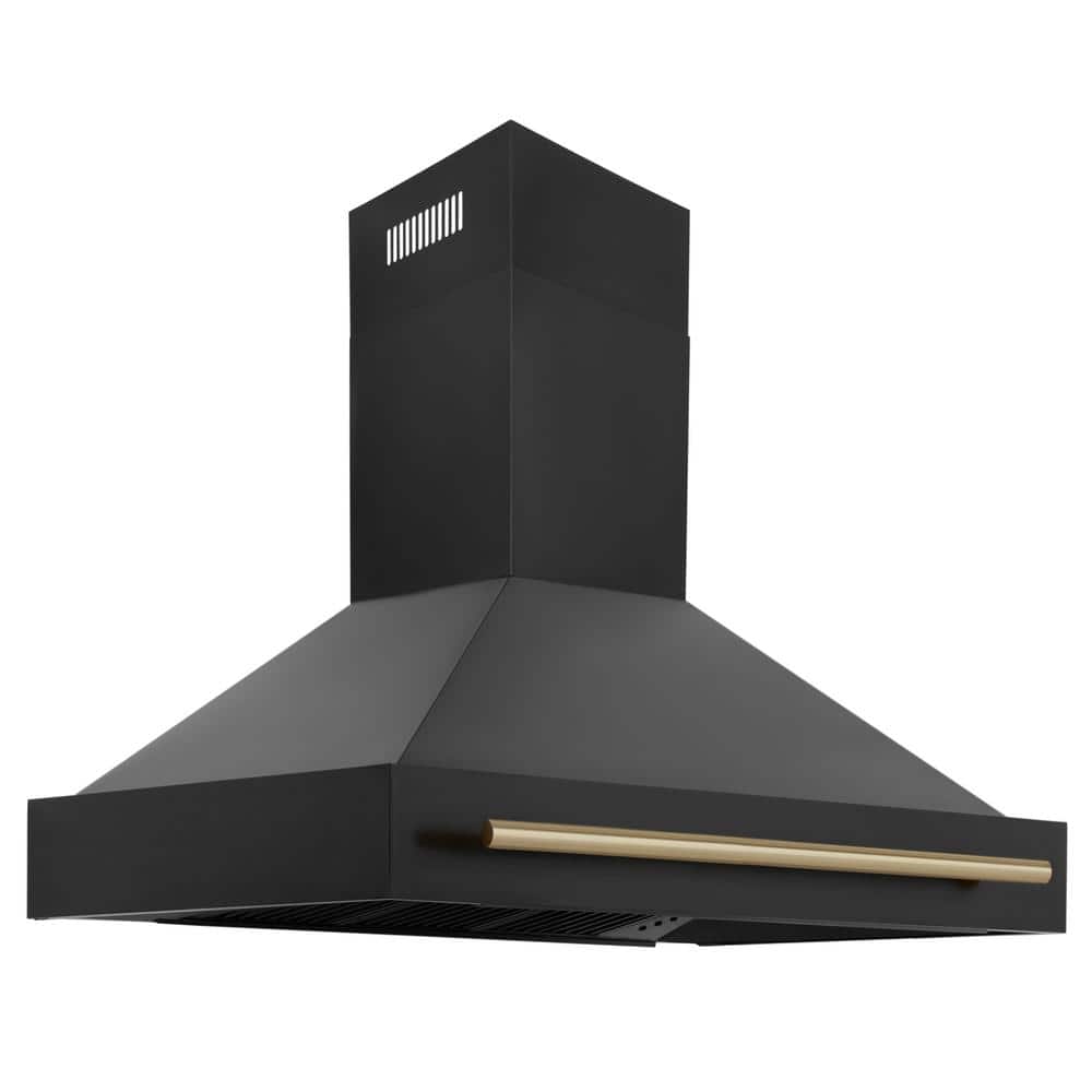 ZLINE Kitchen and Bath Autograph Edition 48 in. 700 CFM Ducted Vent Wall Mount Range Hood with Champagne Bronze Handle in Black Stainless Steel, Black Stainless Steel & Champagne Bronze
