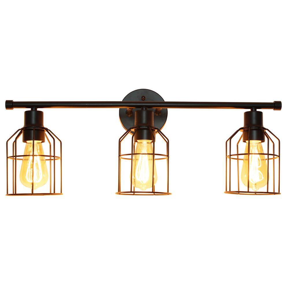 Black Industrial 3-Light Vanity Fixture with Wire Cage Shades