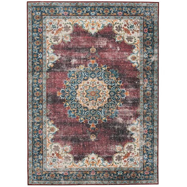 Linon Home Decor Washable Kathryn Ivory/Burgundy 3 ft. x 5 ft. Abstract Rectangle Area Rug