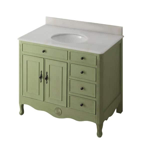 Daleville 38 in. W x 21 in. D x 35 in. H Bathroom Vanity in Distressed Green with Single Sink White Marble Top