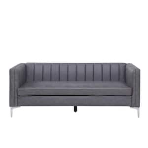 Minimalist Couch 77 in. Channel Tufted Arm Faux Leather Sofa for Living Room Office with Metal Leg in Gray