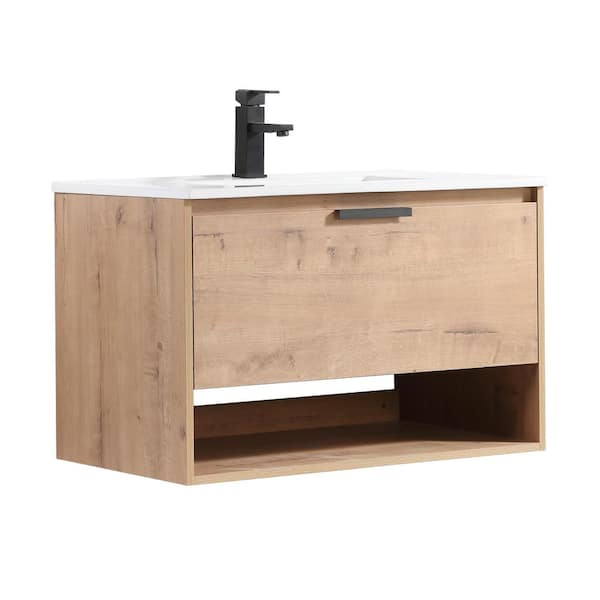 JimsMaison 32 in. W x 18 in. D x 20 in. H Bath Vanity Set in Natural Wood with White Ceramic Vanity Top with White Basin