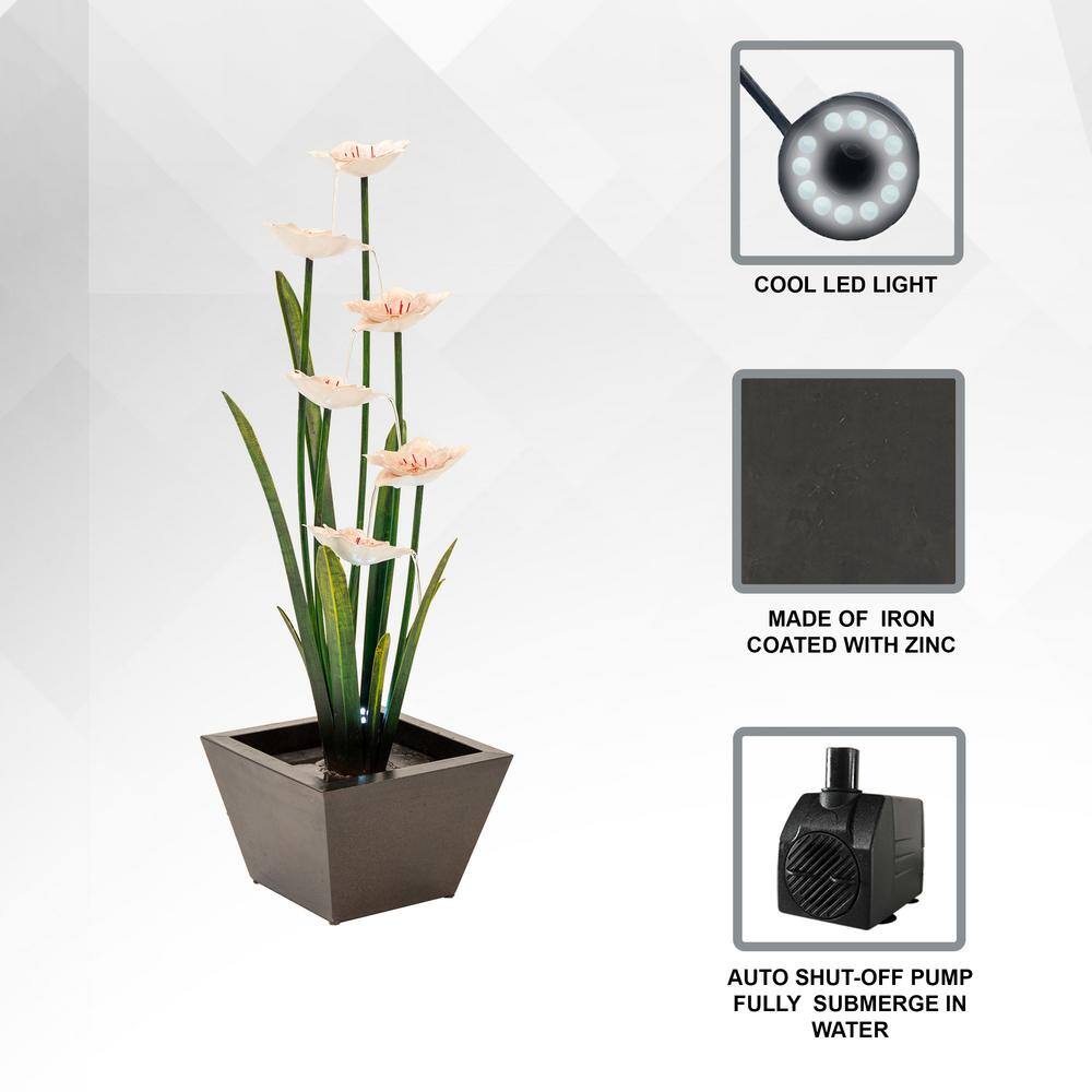 Tall Black and White Metal Multi-Tiered Flower Water Fountain with LED Lights