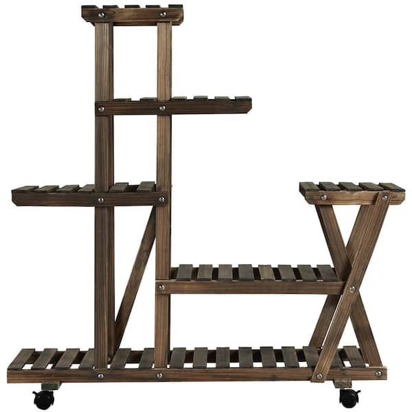 Yaheetech 40 in. H 5 Tier Wood Flower Stand Shelf with wheels Ample for 13 Potted Plants