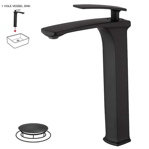 BWE Single Hole Single Handle Bathroom Vessel Sink Faucet With Pop Up Drain Assembly Kit in Matte Black