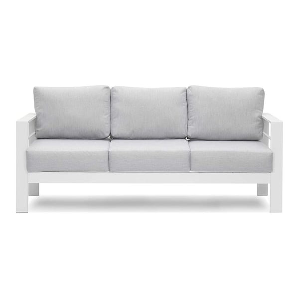 ANGELES HOME White Aluminum Outdoor Couch Sofa with Light Gray Cushions 3-Seats