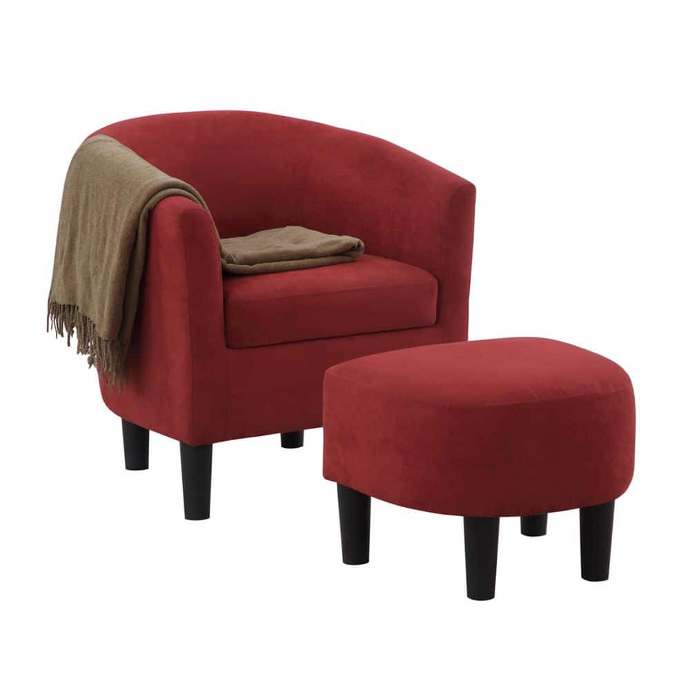 Sustainably Sourced Red Microfiber Barrel Accent Chair with Ottoman