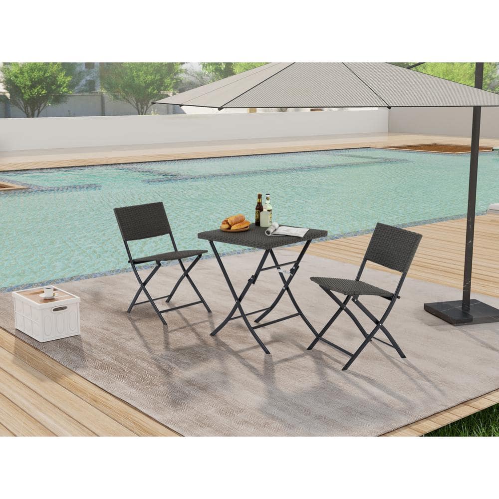 Gray 3-Piece Wicker Outdoor Bistro Set, Patio All-Weather Rattan Foldable T