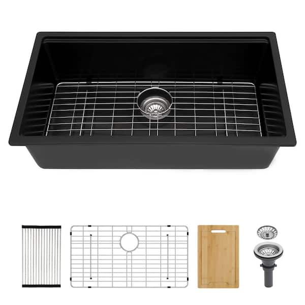 33 in. Undermount Single Bowl Quartz Workstation Kitchen Sink in Black with Gold Bottom Grids and Drain Accessory